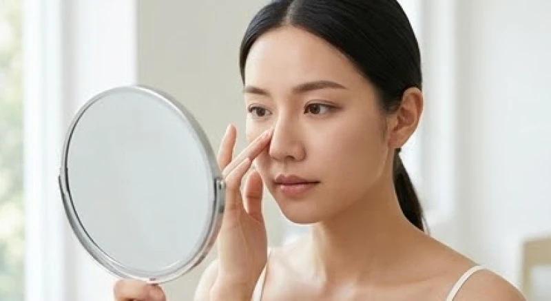 Phụ nữ đang soi gương kiểm tra các vị trí nốt ruồi phá tài trên khuôn mặt