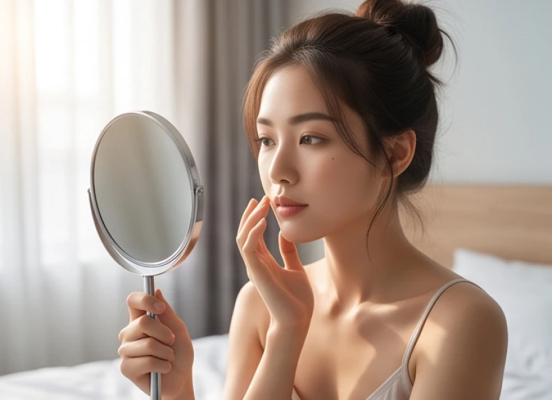 Người phụ nữ soi gương kiểm tra các vị trí nốt ruồi lận đận tình duyên trên khuôn mặt