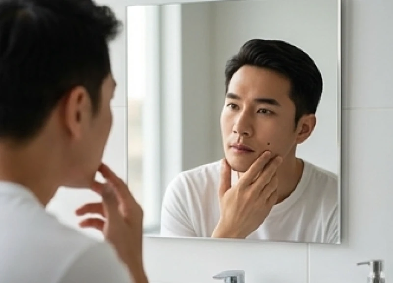 Người đàn ông Việt Nam đang soi gương kiểm tra các vị trí nốt ruồi giàu sang ở nam