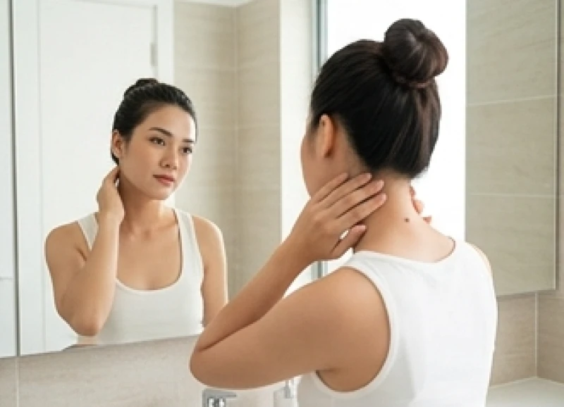 Người phụ nữ chạm tay vào nốt ruồi giữa gáy khi quan sát qua gương