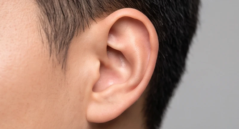 Góc chụp cận cảnh phân rõ các vùng vành tai, dái tai và lỗ tai trên tai trái nam giới để xác định vị trí nốt ruồi