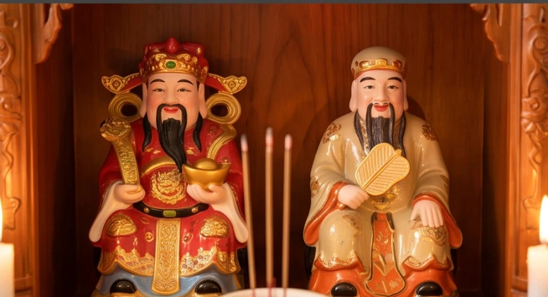 Hai pho tượng Thần Tài bên trái và Thổ Địa bên phải được an tọa trang nghiêm trong khảm thờ