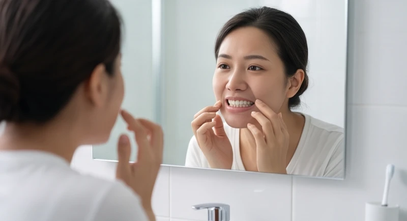 Mơ thấy rụng răng: Điềm báo, con số may mắn và lý giải khoa học 4 Một người soi gương ngắm nụ cười của mình, ẩn dụ cho nỗi sợ hãi khi mơ thấy rụng răng ở các vị trí quan trọng