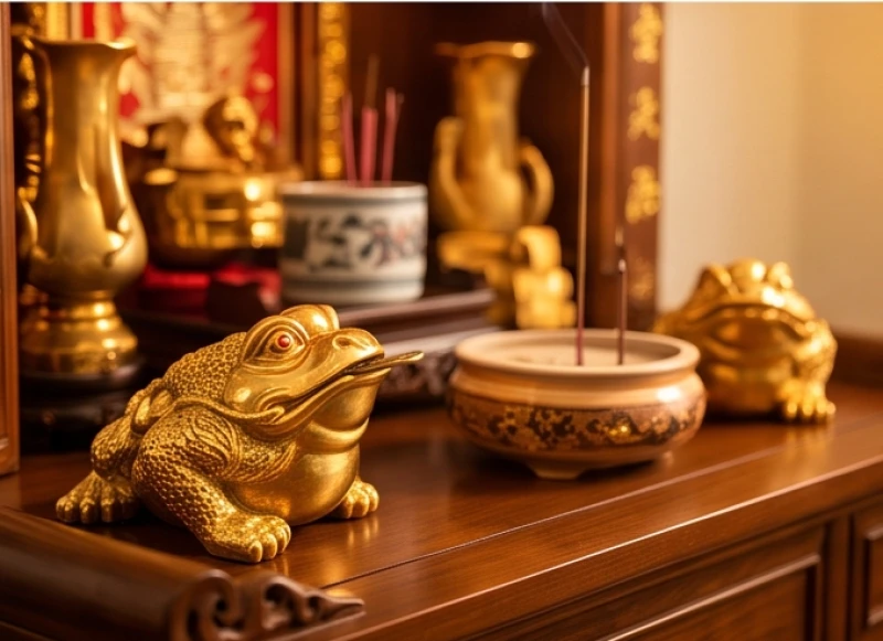 Thiềm Thừ Phong Thủy Tuổi Tỵ: Bảng Tra Ngũ Hành Và Hóa Giải 8 Tượng Cóc tài lộc nằm sát mép trái bàn thờ Thần Tài và nghiêng đầu hướng vào trung tâm bát hương
