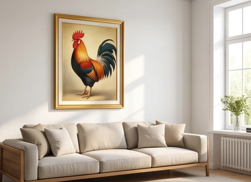 Vị trí mảng tường sáng sủa trong phòng khách được chọn làm nơi treo bức tranh Kim Kê trang trọng