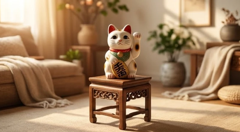 Bức tượng con mèo phong thủy đặt trên chiếc đôn gỗ nhỏ tại góc chéo 45 độ so với cửa chính