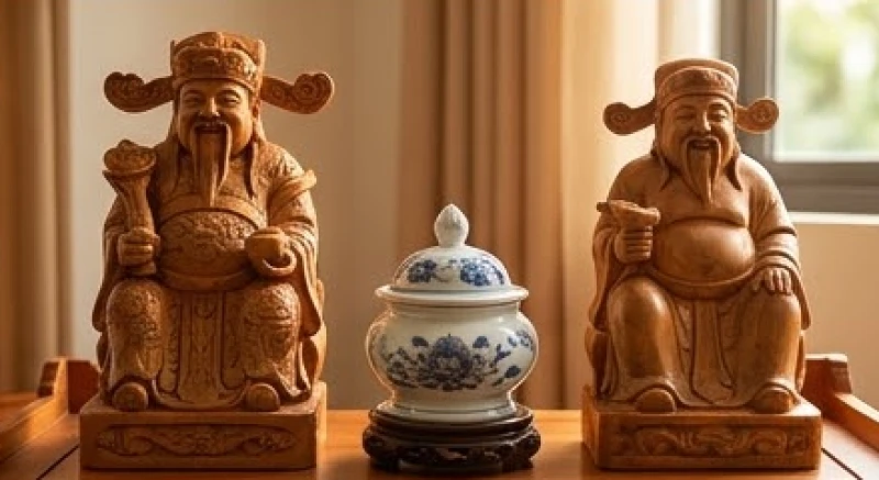 Sắp xếp tượng Thần Tài nằm bên trái, Ông Địa bên phải và bát hương ở vị trí trung tâm