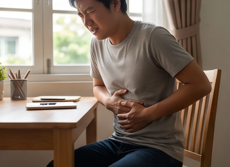 Người ôm bụng khó chịu do niêm mạc bị viêm loét trào ngược dạ dày gây xót ruột dữ dội