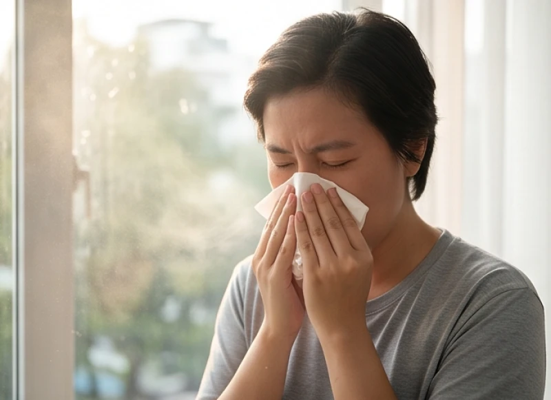 Biểu hiện mệt mỏi vì hắt hơi liên tục do viêm mũi dị ứng khi tiếp xúc với khói bụi
