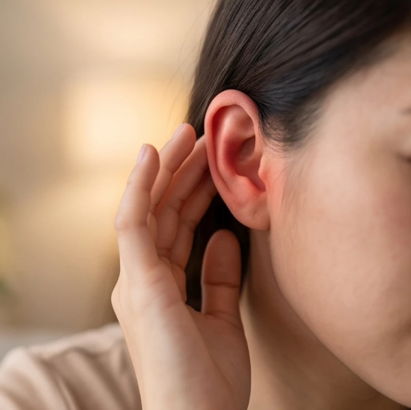 Đôi bàn tay khẽ chạm vào vành tai ngoài đang có dấu hiệu sưng đau