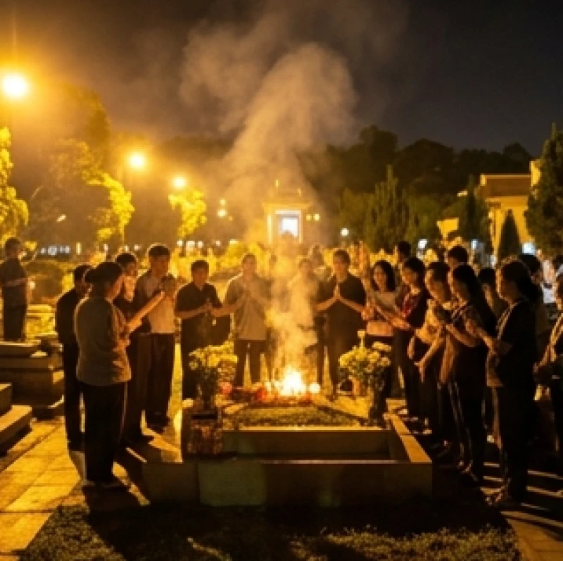 Không khí linh thiêng và tĩnh mịch khi dòng người đi viếng mộ Cô Sáu vào khung giờ ban đêm