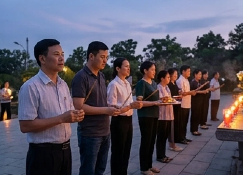 Khung cảnh mọi người xếp hàng trật tự chờ viếng mộ và dâng văn khấn tại ban Cô Sáu lúc chập tối