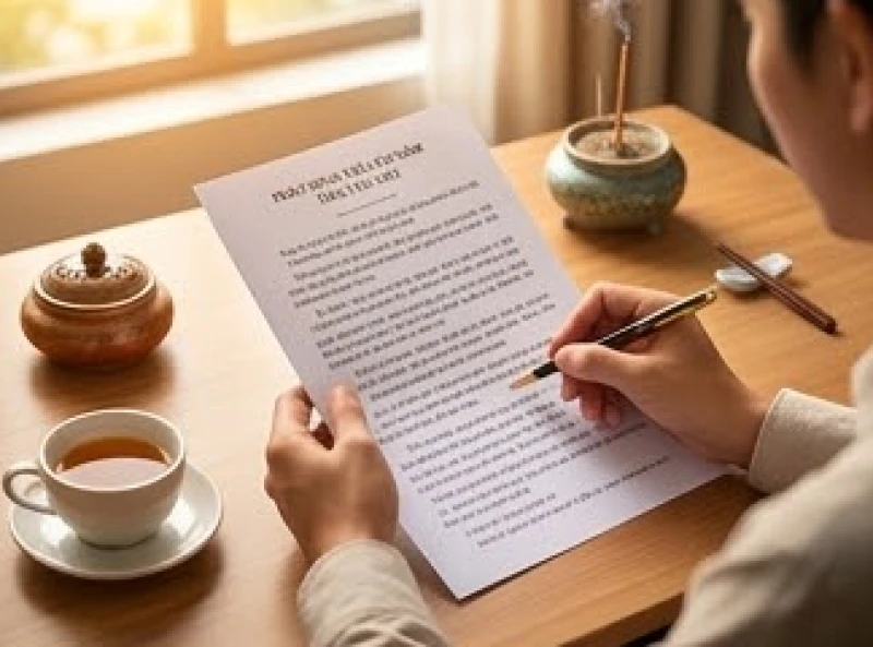 Chủ doanh nghiệp cẩn thận chỉnh sửa nội dung bài văn khấn khai trương đầu năm trên bàn làm việc