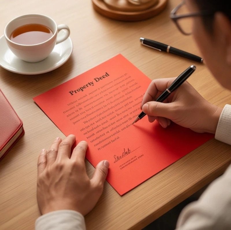 Mẫu giấy bán nhà tượng trưng được viết tay cẩn thận bằng mực đen trên nền giấy đỏ