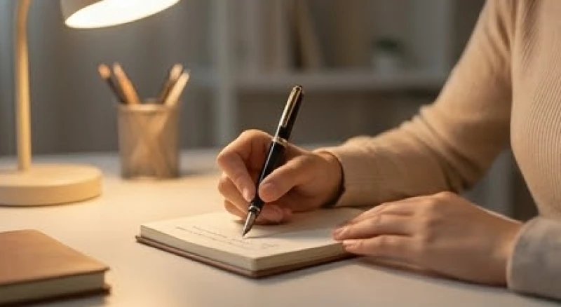 Bàn tay đang cầm bút viết những suy nghĩ và áp lực tâm lý xuống một cuốn sổ tay nhỏ