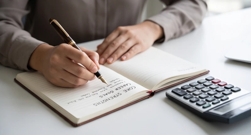 Một người đang tập trung ghi chép các điểm mạnh cốt lõi và mục tiêu nghề nghiệp vào cuốn sổ tay