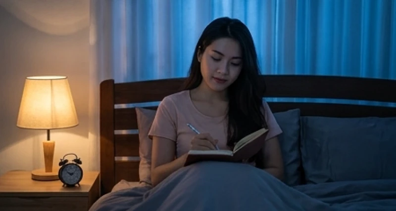 Cô gái trẻ đang ghi chép lại các tình tiết chiêm bao vào quyển sổ tay nhỏ trên giường trước khi chìm vào giấc ngủ