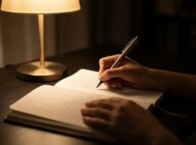 Mơ thấy người yêu cũ chết: Ý nghĩa bối cảnh & cách xử lý 7 Đôi bàn tay cầm bút viết lên trang giấy trắng dưới ánh đèn vàng nhạt, sau đó xé bỏ để giải phóng cảm xúc