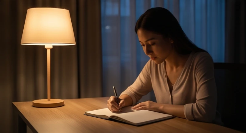 Hành động viết nhật ký dưới ánh đèn vàng dịu nhẹ giúp xả trôi cảm giác tức giận và hoảng loạn