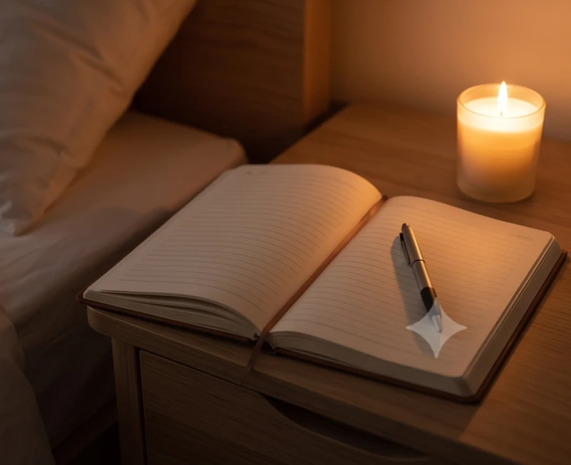 Mơ thấy sờ vùng kín phụ nữ: Ý nghĩa tâm lý & con số theo ngữ cảnh 5 Cuốn sổ tay mở sẵn trên bàn gỗ bên cạnh ngọn nến lung linh giúp ghi chép và giải phóng cảm xúc