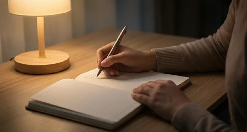 Bàn tay đang cầm bút viết nhật ký dưới ánh đèn vàng ấm áp và thư thái