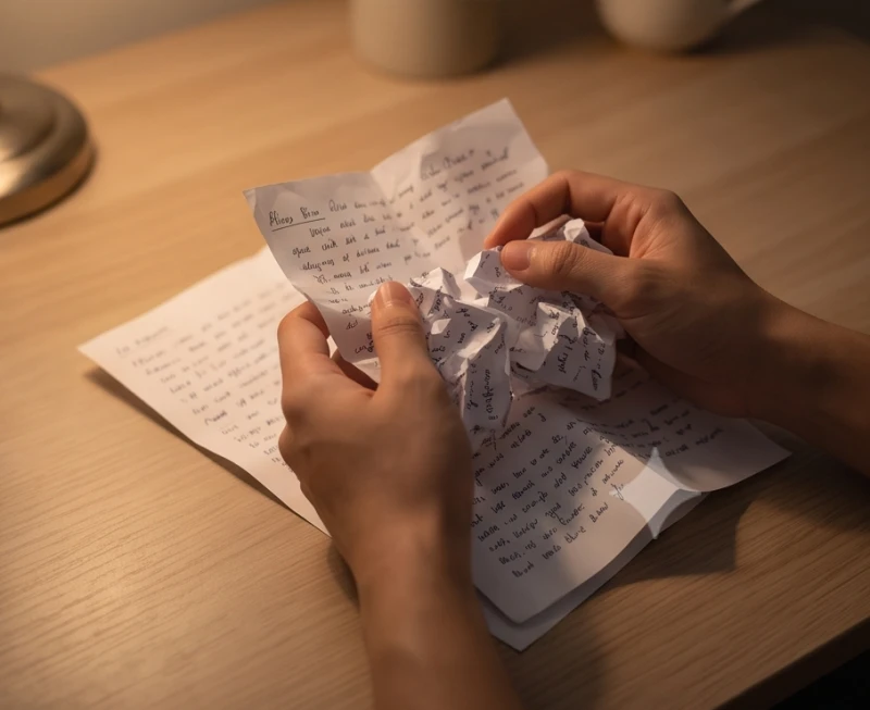 Đôi bàn tay đang vò nát một tờ giấy ghi chú những nỗi lo âu trước khi đi ngủ