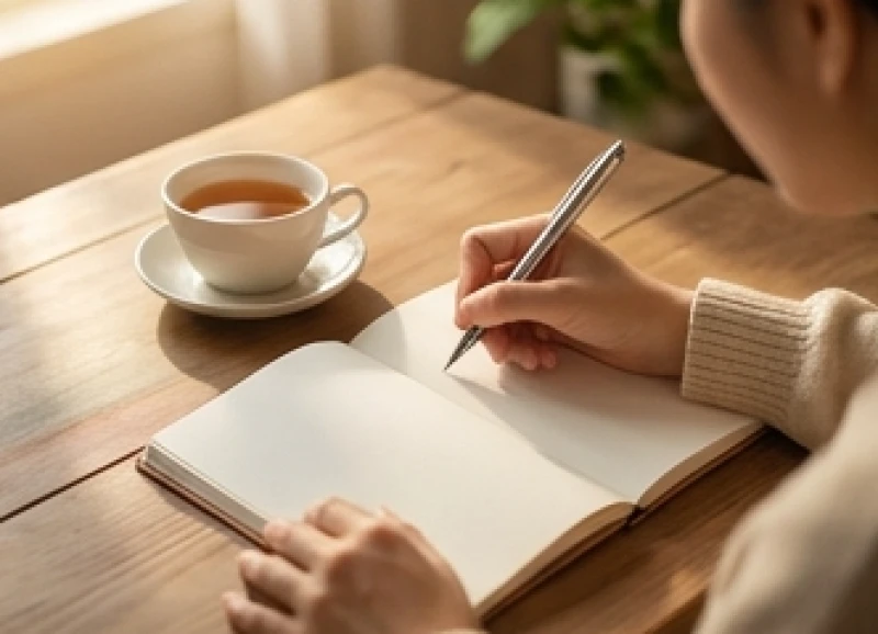 Bàn tay đang dùng bút ghi chép lại những lo âu hiện tại vào một cuốn sổ tay nhỏ