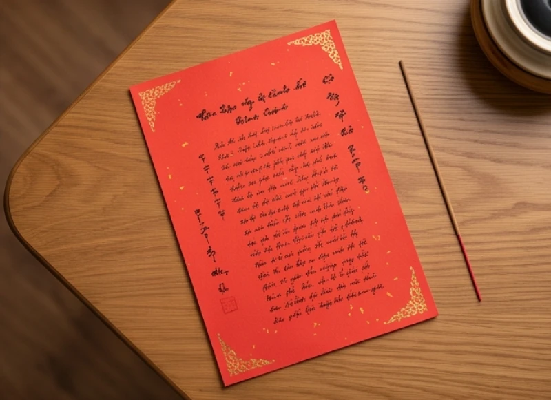 Tờ sớ điệp màu đỏ tươi ghi chép cẩn thận thông tin cá nhân và tâm nguyện cầu thăng tiến