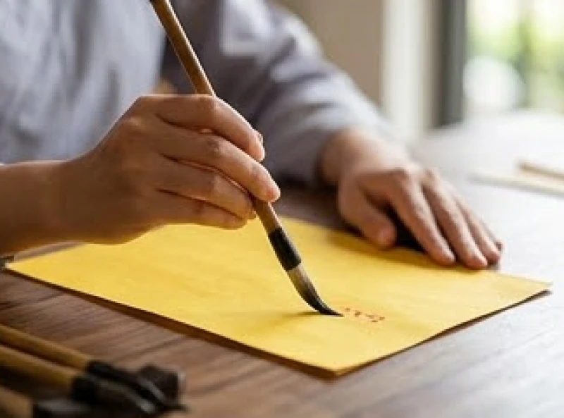 Bút lông viết tên tuổi và địa chỉ cư trú của tín chủ lên lá sớ vàng trước khi dâng lên mâm lễ