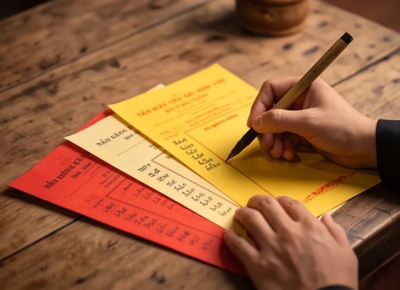 Người dâng lễ cẩn thận ghi chép thông tin tên tuổi và địa chỉ cửa hàng lên lá sớ đỏ để trình báo