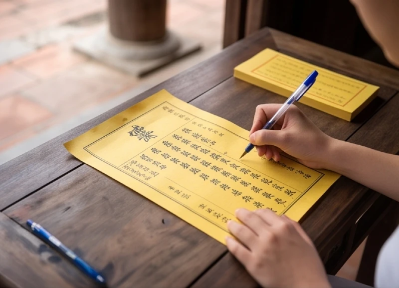 Lá sớ cầu thi cử đỗ đạt màu vàng in chữ Hán Nôm được điền đầy đủ thông tin hội đồng thi và số báo danh
