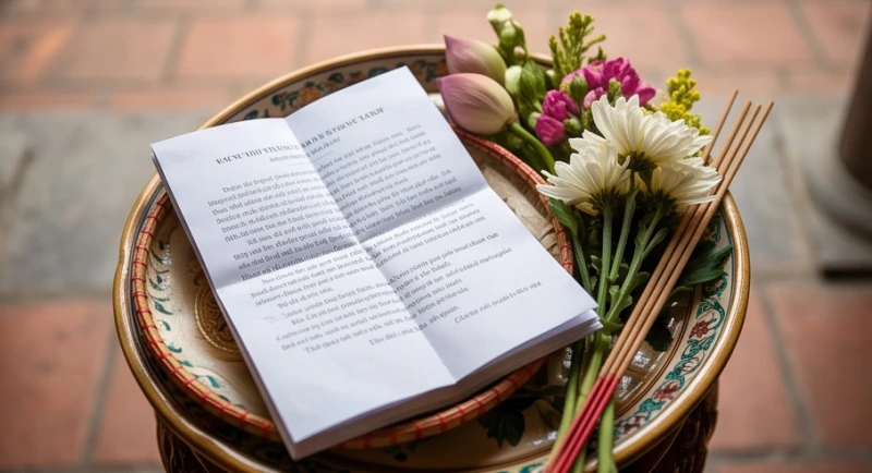 Văn khấn Đền Cô Bơ: Bài cúng chuẩn và thứ tự dâng lễ 7 Tờ sớ dâng lễ được gấp cẩn thận và đặt ngay ngắn bên cạnh mâm lễ vật chuẩn bị dâng lên ban thờ.