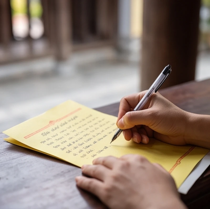 Tín chủ cẩn thận dùng bút ghi chép thông tin cá nhân vào tờ sớ chữ Quốc ngữ trước khi dâng lễ