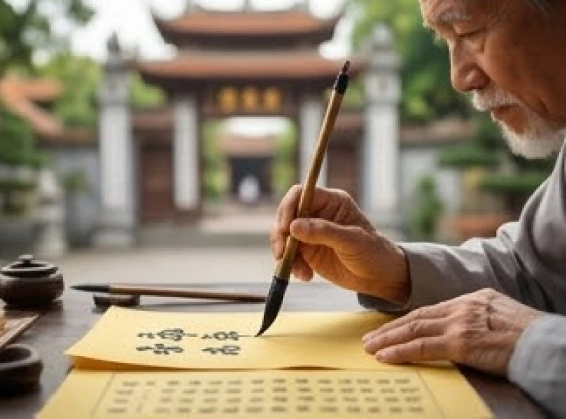 Thầy đồ cẩn thận viết sớ dâng lễ bằng bút mực trên giấy điệp truyền thống tại cổng đền