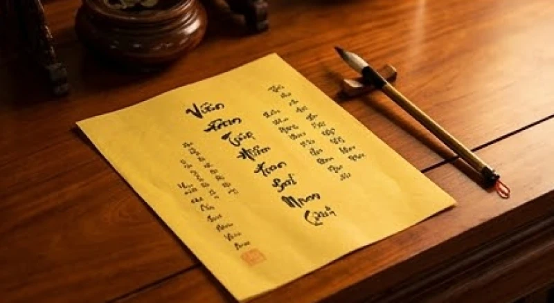 Một lá sớ màu vàng được viết chỉn chu bằng mực đen, ghi rõ thông tin họ tên và địa chỉ cư trú của tín chủ