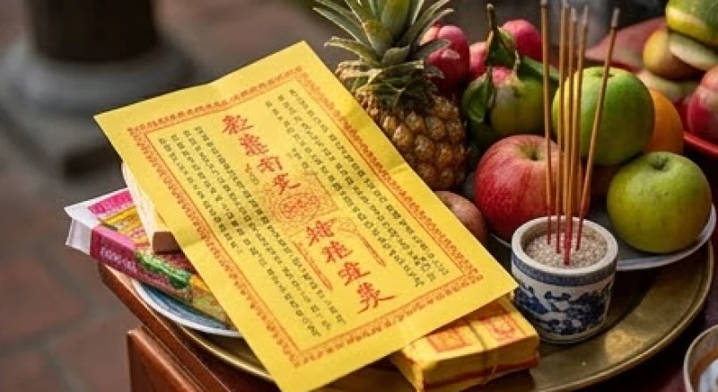 Tờ sớ đi lễ và bản văn khấn Đền Mẫu Sòng Sơn được đặt cẩn thận bên cạnh mâm lễ vật tươi tắn