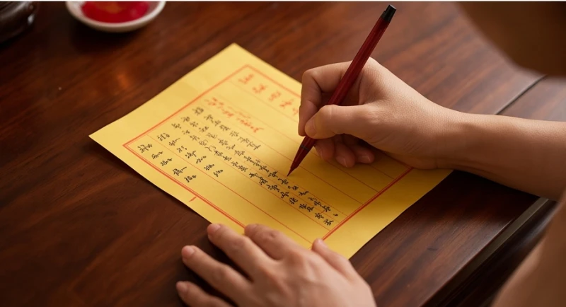 Bàn tay đang cẩn thận dùng bút mực đỏ điền thông tin cá nhân lên tờ sớ nôm đặt trên mặt bàn
