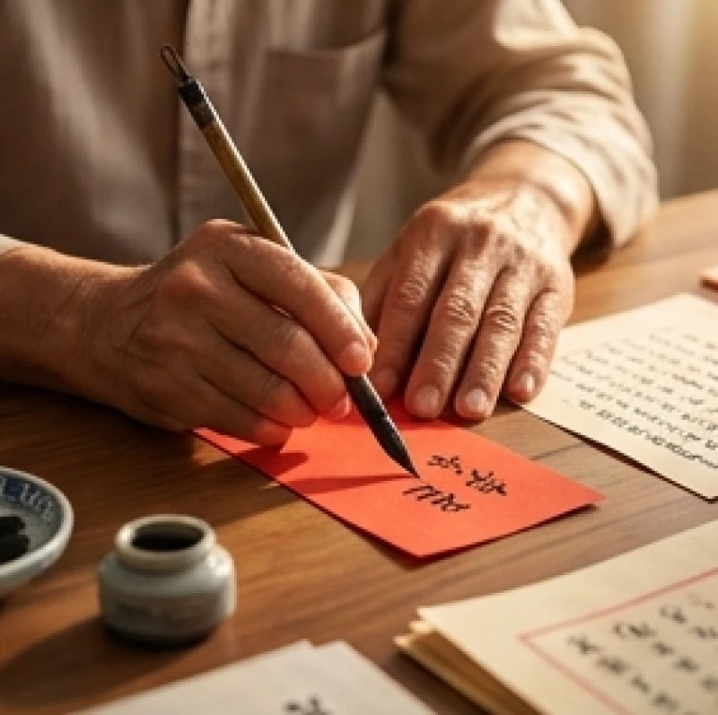 Người lớn tuổi cẩn thận ghi chép thông tin địa chỉ nhà mới và tên tuổi lên tờ sớ đỏ