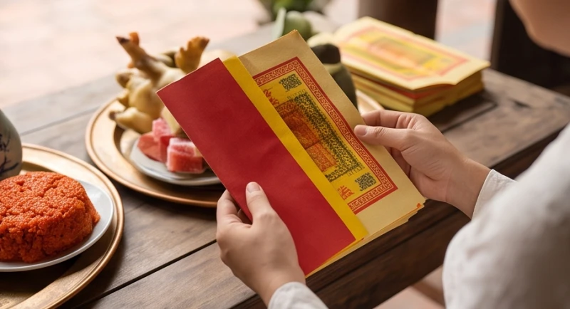 Văn khấn tạ lễ bán khoán: Bài cúng chuộc con đúng nghi thức 5 Một người đang cẩn thận kiểm tra lại thông tin trên tờ sớ tạ lễ trước khi kẹp vào mâm đồ cúng