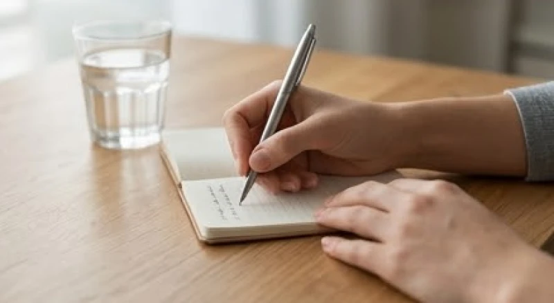 Mơ thấy đi máy bay: Giải mã điềm báo, con số và mẹo ổn định tâm lý 6 Bàn tay cầm bút ghi chép cẩn thận vào cuốn sổ nhỏ trên bàn làm việc cạnh ly nước
