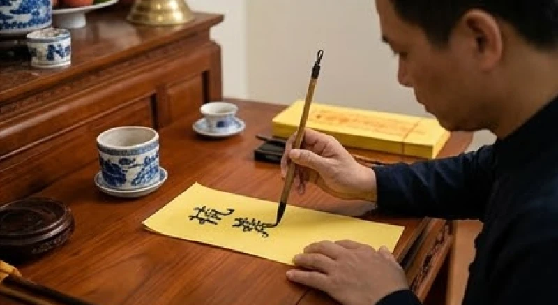 Người chồng cẩn thận dùng bút viết danh xưng quả phu và hiển thê lên tờ sớ trước khi tiến hành đọc văn khấn