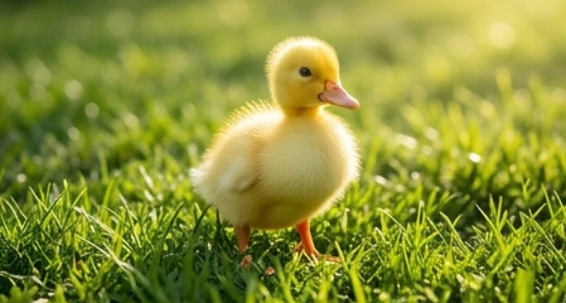Chú vịt con với bộ lông màu vàng óng ả đang đứng trên bãi cỏ xanh mướt tắm nắng mai