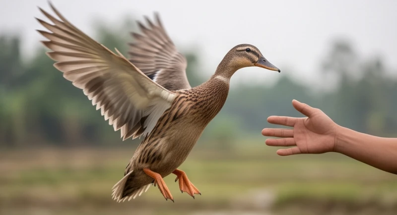 Mơ thấy bắt vịt: Giải mã bối cảnh và con số tài lộc 4 Con vịt vùng vẫy vỗ cánh bay vụt khỏi tầm tay hụt hẫng của một người trên cánh đồng