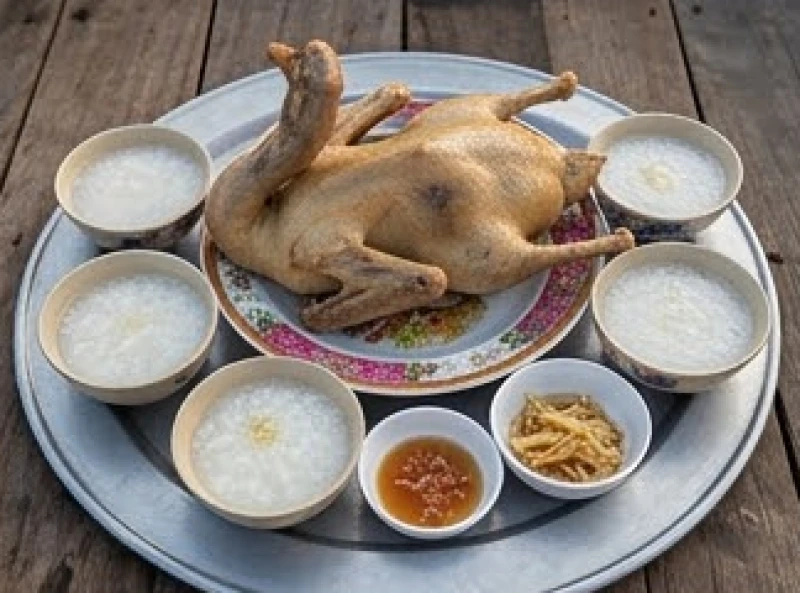 Văn khấn Bà Cậu tại ghe thuyền: Bài cúng chuẩn và vị trí dâng lễ 3 Đĩa vịt luộc căng bóng gài chéo cánh đẹp mắt đặt giữa mâm cùng năm chén cháo trắng và bát nước mắm gừng