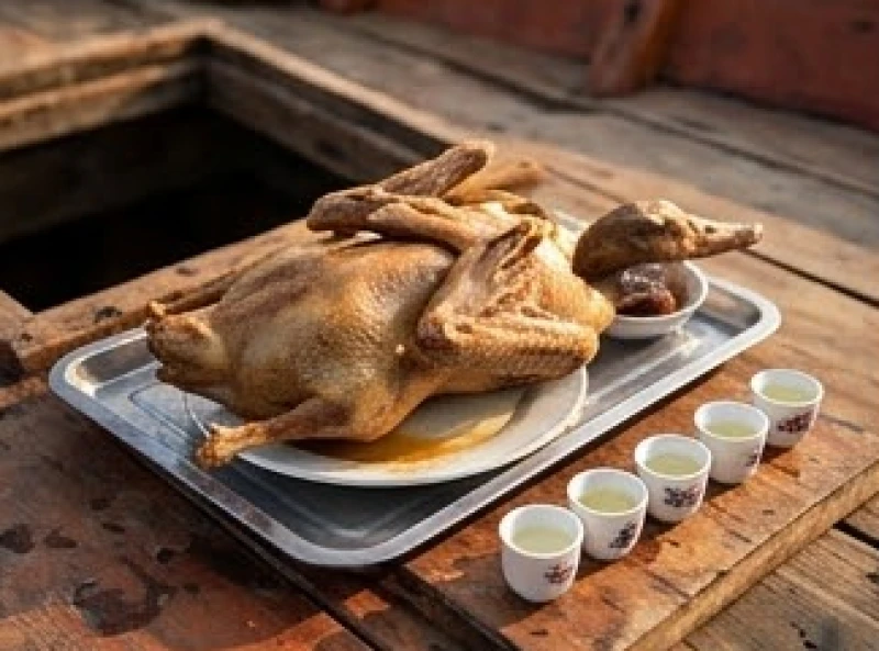 Mâm lễ cúng mặn trên ghe có vịt luộc chéo cánh mang ý nghĩa con tàu luôn nổi trên sóng