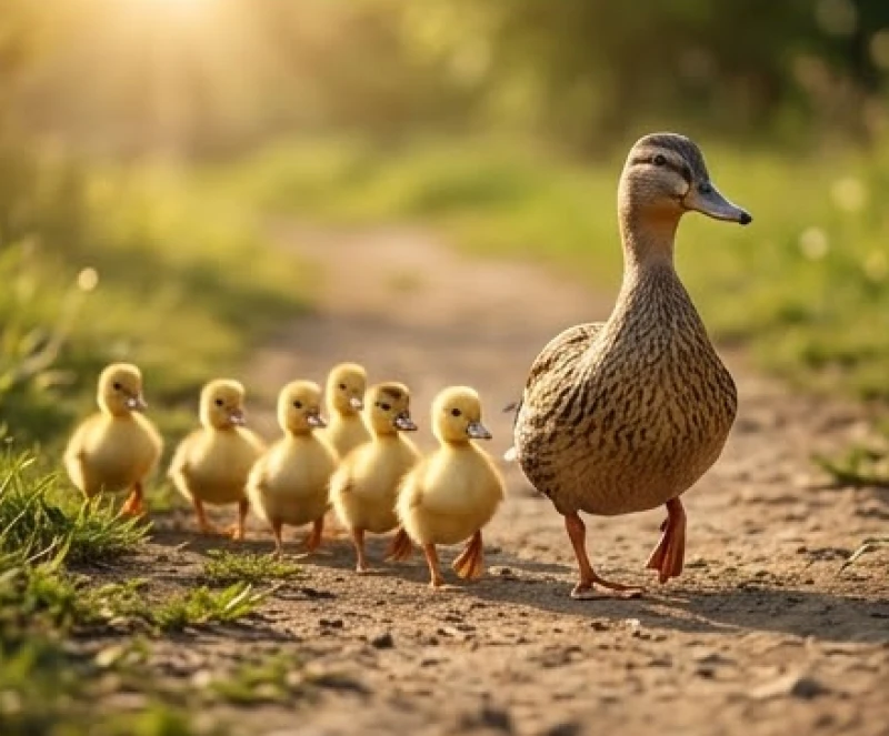 Một con vịt mẹ đi phía trước dẫn đường cho đàn vịt con lũn cũn nối đuôi nhau thành hàng dọc