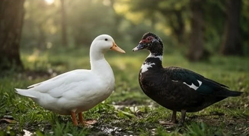 Mơ thấy vịt chết: Giải mã điềm báo bối cảnh và cách hóa giải 5 Hình ảnh hai con vịt với màu lông trắng tinh khôi và sẫm màu đối lập nhau, đứng trên thảm cỏ xanh ướt đẫm sương sớm
