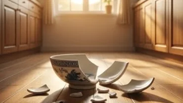 Mảnh vỡ của một chiếc bát gốm sứ trên sàn gỗ nhà bếp gợi nhắc thắc mắc vỡ bát là điềm gì