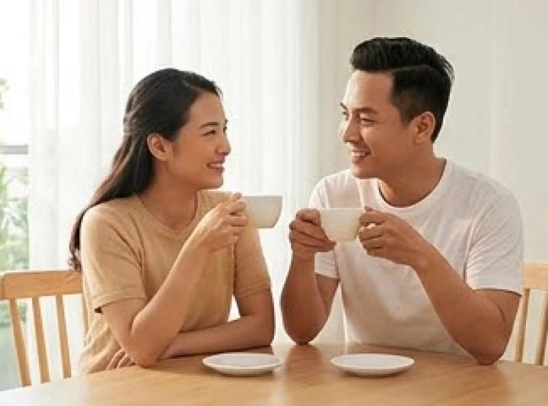 Hai vợ chồng vừa uống trà vừa mỉm cười bàn bạc kế hoạch tương lai