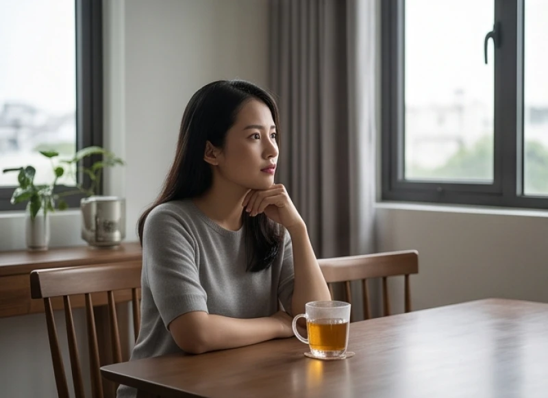 Một người phụ nữ ngồi suy tư bên tách trà nguội lạnh, thể hiện sự bất an trong mối quan hệ tình cảm